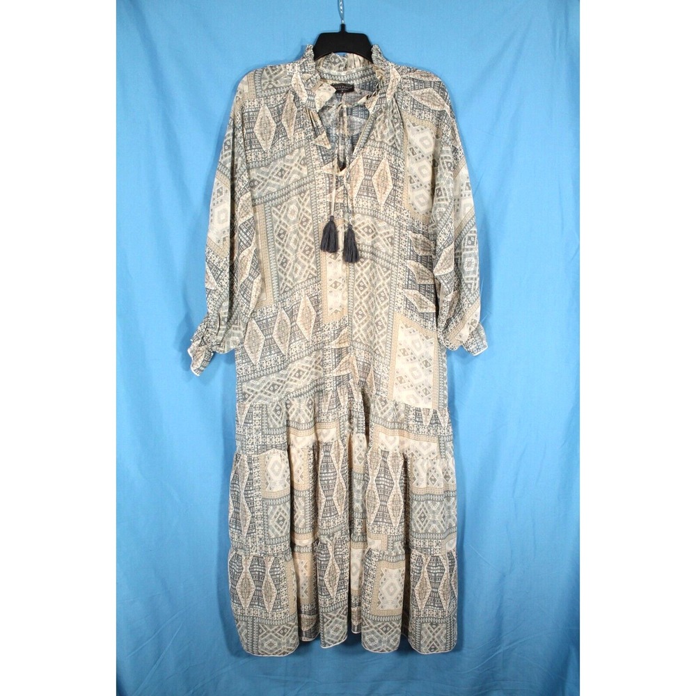 DRESS FORUM Lined CHIFFON Gray/Beige PATCHWORK Ruffle Trim TIERED MAXI DRESS S